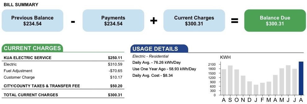 Electric bill summary from before solar showing a balance due of $300.31 and average use of 76.26 kWh per day